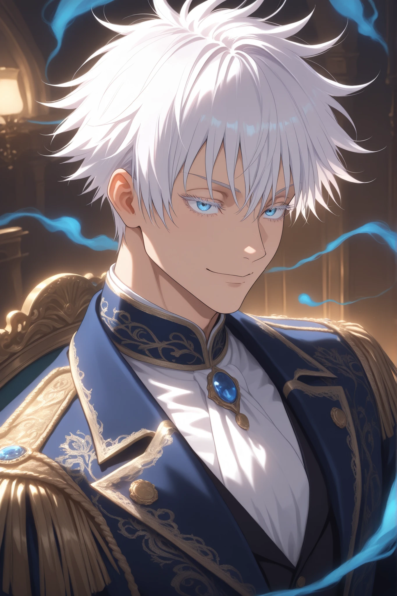 (masterpiece, best quality, highly detailed, mature) male, solo, 1man,adult, male focus, smile, gojou satoru, jujutsu kaisen, blue eyes, white hair, short hair, sexy man, handsome face, colored eyelashes, handsome face, beautiful face, beautiful colors, medium shot, victorian clothes, aristocrat, royal clothes, gold accent, dark blue accent, indigo colored, indoors, serious, calm smile, Enchanted eyelashes, delicate, style,long eyelashes, best quality eyelashes, beautiful eyelashes,Anime, digital painting, soft shading, fantasy, Neon Pastel, Ethereal Art, UHD, best quality, high detail ,long eyelashes, best quality eyelashes, beautiful eyelashes,