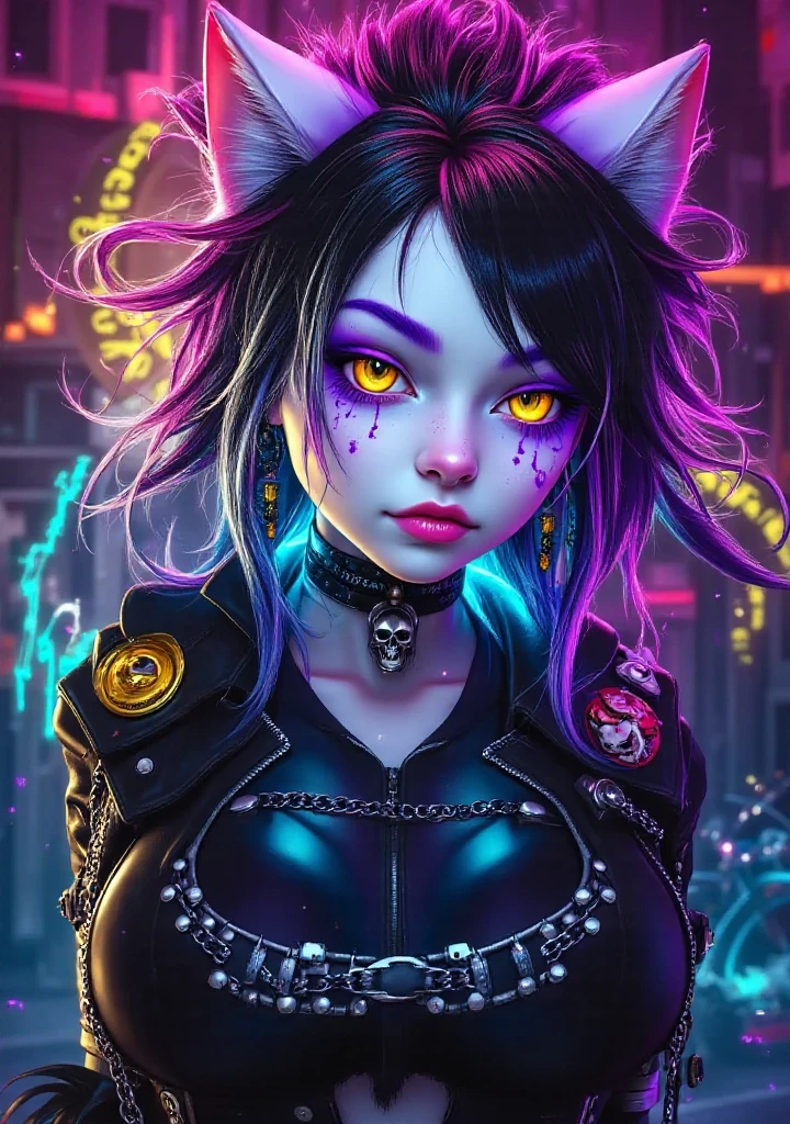 "Obkatiekat, anthropomorphic feline character, charismatic and rebellious, with a punk-rock aesthetic/heavy metal. Personaggio: female feline figure with white skin, characterized by purple and blue (macchie, fine shades or veins) defects that create an otherworldly and distinctive look. Pelo corto, metallic details, visible on the tail and ears.  big eyes , espressivi, intense yellow, with magnetic intensity. Pointed ears and long tail, folta, with dynamic movements.  messy hair , black-violet with colored locks (viola scuro, rosso neon), in disheveled mohawk style or wild punk. Face with a bold smile, intense or slightly provocative expression, that transmits rock energy.  slender physique , atletico, with agile and feline movements. Clothing: outfit completo punk-rock, opaque and functional, composed of a shiny black leather jacket with silver studs and patches of fictional bands, torn black t-shirt with heavy metal graphics (es. teschio, fulmine), black skinny pants or worn jeans with chains, buckles and slightly bluish-gray, motorcycle boots with reinforced tips. Accessori: choker con borchie, leather bracelets, silver rings, wide belt skull buckle. No neckline, minimal exposed skin, non-provocative design.  Pose and movement : full figure in dynamic pose, multiple options: playing a guitar electric with energy, jumping on a stage with its tail moving, leaning rebelliously against a wall, or crouched with a defiant look. The tail curves elegantly, reflecting light. Ambiente: decadent urban alley illuminated by purple and red neon lights,  with graffiti , scattered amplifiers, electrical cables and an underground concert atmosphere. Alternativa: rock stage with reflectors, light smoke and musical instruments in the background. Distinctive elements: purple-bluish sparks surrounding the character, like an aura of rock energy. White skin with purple-blue defects subtly reflects neon light, highlighting the shades.  art style : realistic with anime influences, ultra-defined details on skin, pelo, hair and clothing (texture di pelle lucida, reflective metal, worn fabric). lighting: purple-red neon lights with dramatic contrasts, reflected on white skin and violet-blue defects, studs and chains. Animazioni: capelli, tail and sparks with fluid and realistic movements.  Composition : full length shot, slightly from the bottom to emphasize the charism, blurred background to keep the focus on obkatiekat. quality : rendering in 4K, sharp details on face, clothing and environment, unobfuscated, distortions or wrong proportions."

