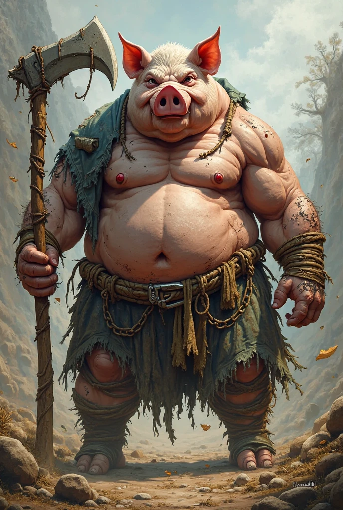A pig man whose right hand was replaced with a rusty old iron hand has large tusks and a beard holding a wooden stick