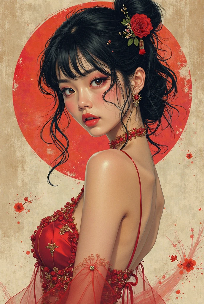 ((best quality)), a close up red/black line art of a beautiful full body young Chinese diva in ecstacy over surrounded by flowers and multicolored shadowy smoke from Firebird. The art includes splatter drippings, paper texture, palette knife painting. The artwork should be centered, stylized, and elaborate, with a beautiful outfit, gorgeous eyes, and a dynamic pose. rendered in 8K resolution for high-quality detail. Full body shot style transparent sexy lingerie. 
