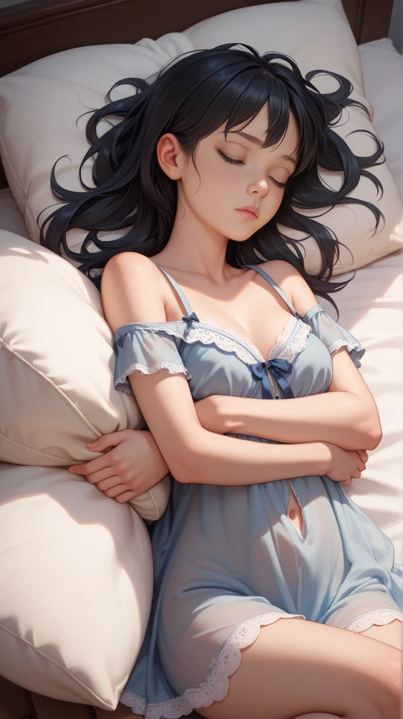 The girl is lying on her back, Eyes Covered, Sleeps, Hair drips down the top of her head, In the hair of space, hiquality, detailing, soft light, realistic image