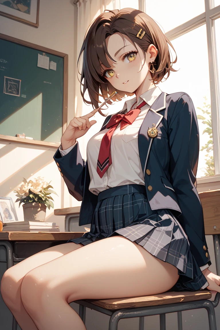 ((Tabletop, Highest quality, High resolution, Hmph, Pixel perfect, 4K, Hmph, Hmph))), One Girl, single, alone, Beauty、The whole body is visible、Angle from below、White panties、 ((Mid-wave hair, bangs, Brown Hair)), ((Brown eyes, Beautiful eyelashes, Realistic eyes)), ((Detailed face, blush:1.2)), ((Smooth texture:0.75, Realistic texture:0.65, Realistic:1.1, Anime CG style)), Medium chest, Dynamic Angle, Perfect body, ((Red bow tie, , Black jacket, Open jacket, Brown cardigan, White shirt, Black Skirt, Checked skirt、I'm not wearing shoes、White Sox)), An empty classroom、Sit at a desk、Lower'I took my feet off the desk...、evening、、((Angle looking up from below))、Very embarrassing panic smile、(Hold up your skirt with both hands、Spread your legs、pink floral lace panties)、