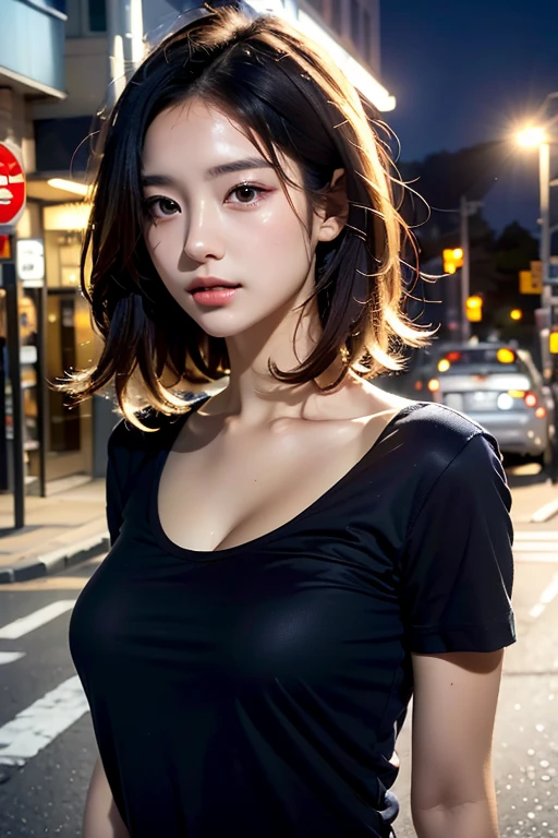 sexy bbw woman, detailed face, big bust, (Casual clothing:1.1), dark black clothes, upper body, Closed lips, short straight hair, alone, looking at viewer, (cum on clothes:1.2), realistic, indifferent expression, In front of you, On top of the selfie, Street at night, full body pose