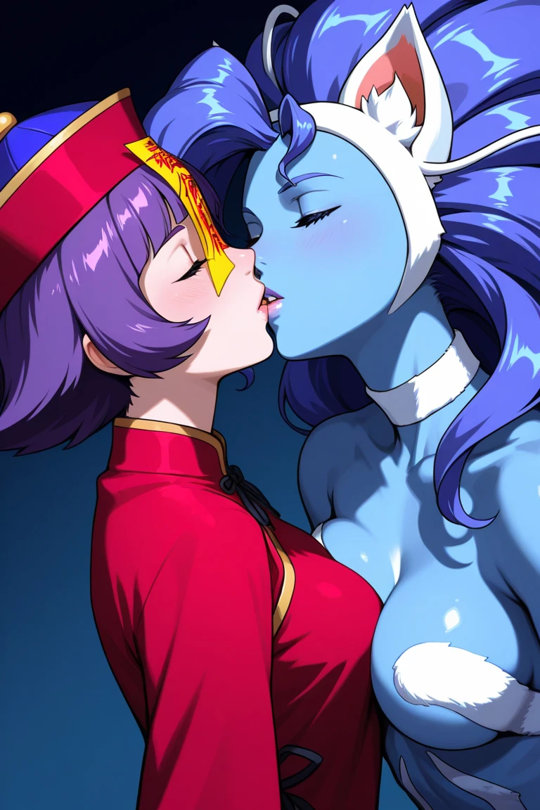 ((highest quality)), ((masterpiece)), (detailed), （Perfect Face）、The woman is Alien Mercury, wearing an alien dress, with short blue hair and a completely alien body.、The woman is happily hugging and kissing the powerful alien king.