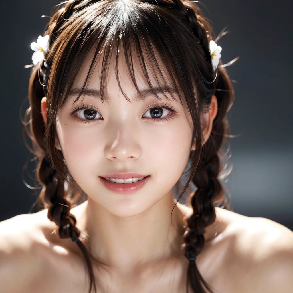 highest quality, Realistic, 8K, High resolution, 1 Girl, woman, (Skin dents), (Portraiture:0.6), nice, ((White Background, Completely naked, Small breasts:1.65)), (Brown hair in braids, Parted bangs:1.4), Watching the audience, (1 Girl eyes Watching the audience:1.6), Realistic, (Bokeh), (Closed Mouth, smile:1.3), nice, Purelos Face_V1:1,