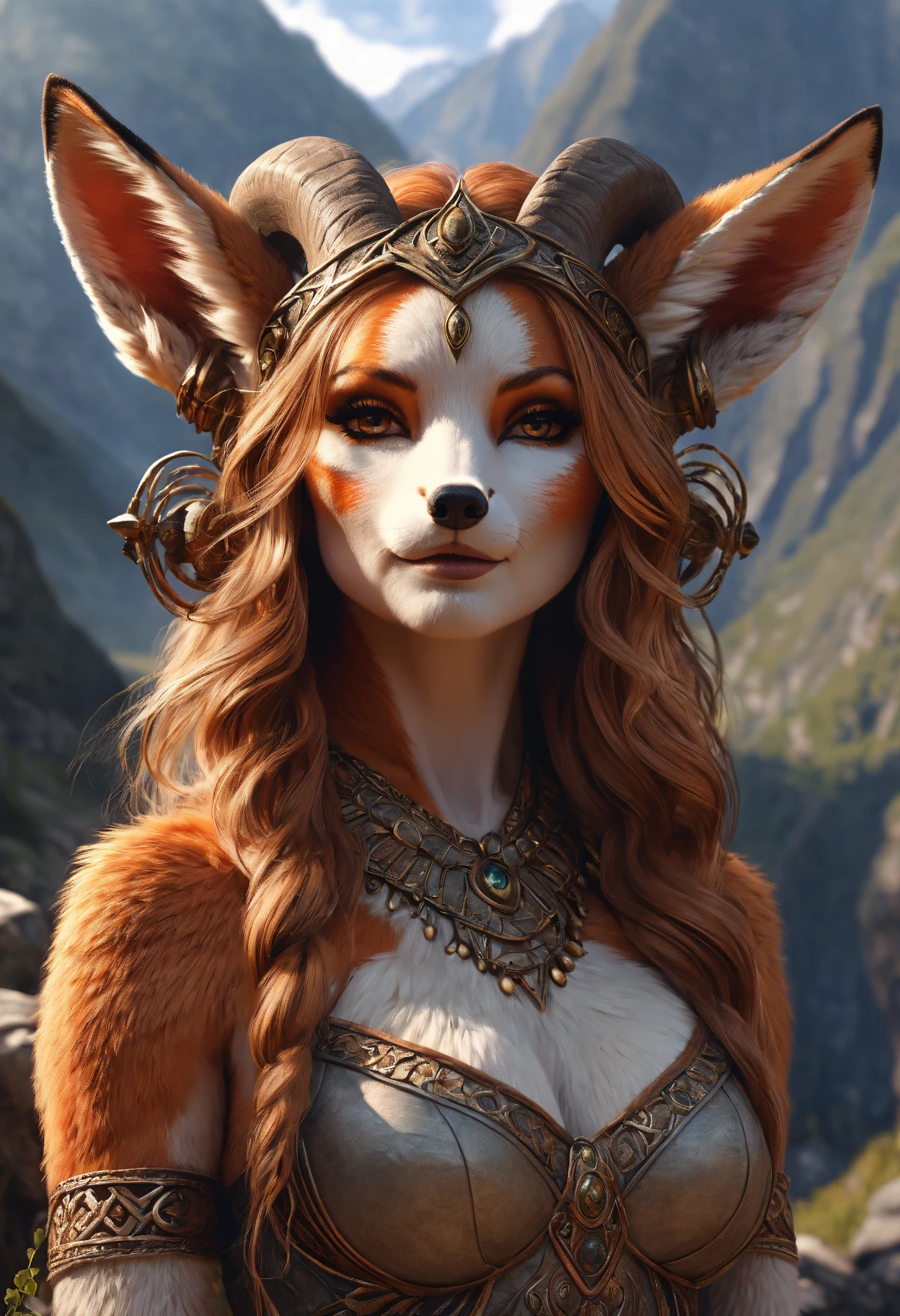 Anthropomorphic feminine fox-satyr enchantress. Official Art – An Award-Winning Digital Masterpiece In 4K Ultra HD, Extreme Detail And Intricate Realism. Symmetrical Face. This Concept Art Brought To Life By The Hands Of Artists Like Wlop & Artgerm In A Stunning 2D Vector Illustration. Background Is A Panoramic Vista.
