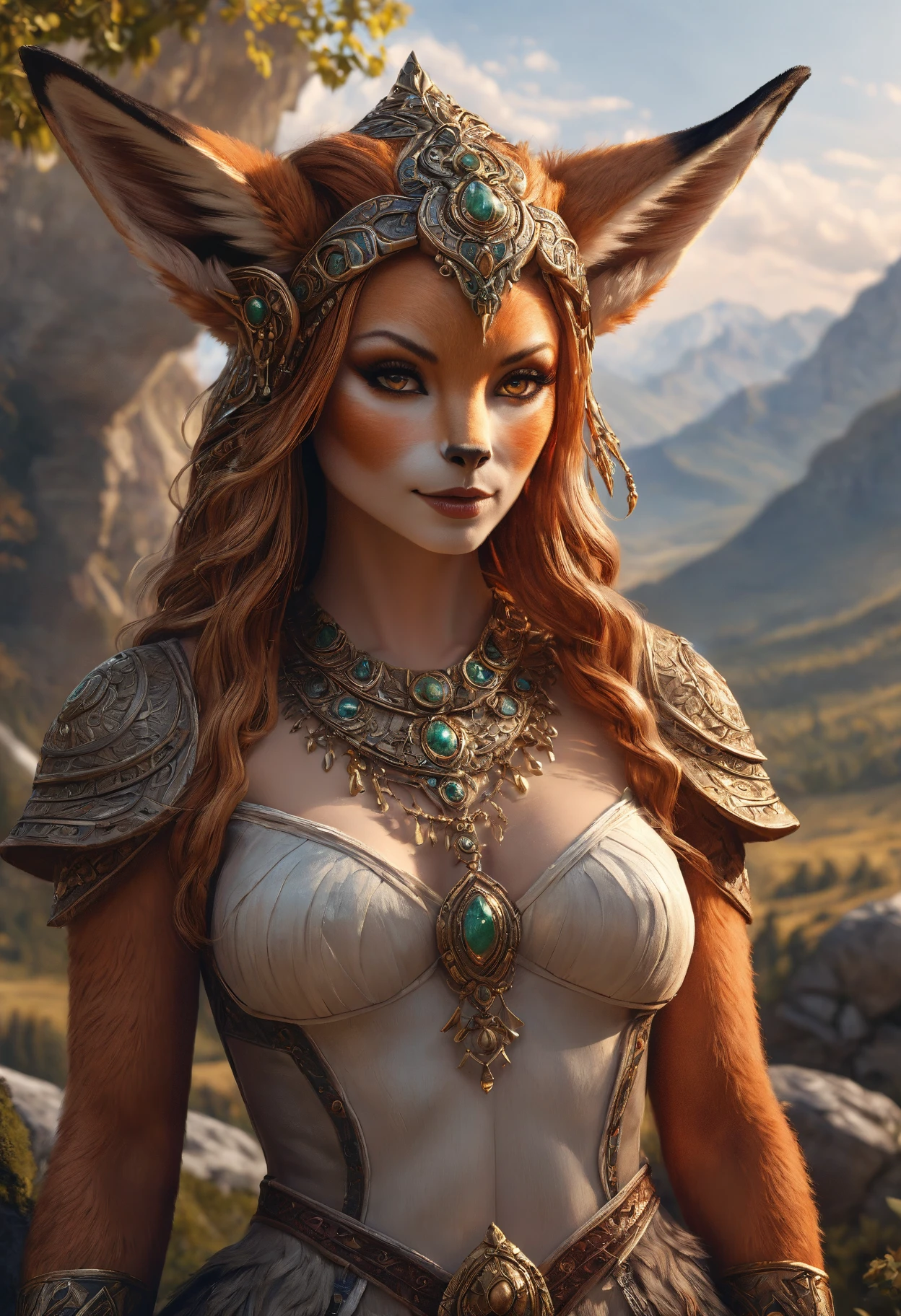 Anthropomorphic feminine fox-satyr enchantress. Official Art – An Award-Winning Digital Masterpiece In 4K Ultra HD, Extreme Detail And Intricate Realism. Symmetrical Face. This Concept Art Brought To Life By The Hands Of Artists Like Wlop & Artgerm In A Stunning 2D Vector Illustration. Background Is A Panoramic Vista.