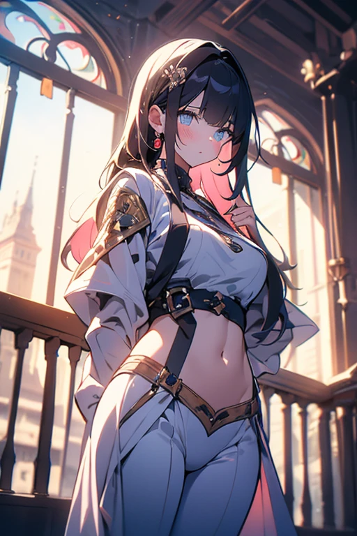 boa hancock, 1girll, Solo, ((White shirt)), black thighhigns, Breasts, cleavage, uniform, office backdrop, Black skirt, Pleated skirt, Office, hair between eye, Large breasts, Long hair, view the viewer, Black hair, red short nails, Purple eyes, Solo, upper legs, Thighs, Very long hair, ((Masterpiece)), Sitting, chair, desk, Computer on desk, name tag, id tag, indoor, golden earing, short- sleeved, office shirt top,
