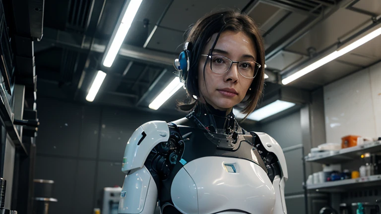 portrait photograph from the front by calvin klein recording a feral, full-grown, and french female; wearing an elegant modern robot combat suit with luxurious fabric; featuring a dark middle part hairstyle with an upturned nose. shown waiting with her arms crossed within a frostpunk library with fluorescent lighting. <lora:RufXL2:1>