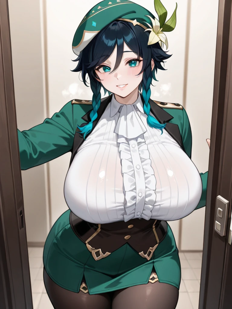 High detailed, masterpiece, High detailed, 1 girl, solo, green-blonde curly hair,, green eyes, big busty, firm plump body , BLUE jacket, white shirt, , deep cleavage, Juliet sleeves, pencil skirt, black thighhighs, white gloves, Very prideful expression 