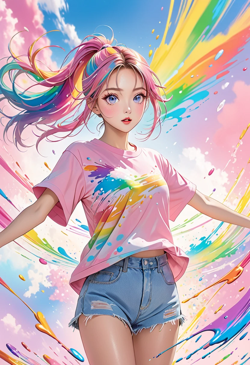 (Pink fashion T-shirt:1.9),(colored hair:1.8),(All colors of the rainbow:1.8),(((verticalpainting:1.6)),(:1.6),front,漫painting,illustration,,big eyes,crystal clear eyes,super super huge,Breasts are very, very huge,Hold your chest out,big breasts,Cleavage close-up,(Rainbow colored semi-long hair:1.7),exquisite cosmetics,shut your mouth,(Little fresh:1.5),(rub your chest:1.6),long eyelashes,White off-shoulder T-shirt。,White shoulder sleeve shirt,looking at the audience,blue eyes,(rainbow colored hair:1.6),color splotches,(alone:1.8),color splotches,color splotches,color explosion,thick paint style,messy lines,((shining),(color),(color),(color),(color),color,thick paint style,(color splotches),(color)splash,vertical,Upper body,Lacquered finishsplash,acrylic painting,slope,Lacquered finish,Highest image quality,best quality,masterpiece,alone,depth of field,Topcoat,colorful clothes,(grace:1.2),Gorgeous,left wind, (grace的: 1.3), (petal: 1.4),(((masterpiece))),(((best quality))),((Super detailed)),(illustration),(dynamic angle),((floating)),(painting),((disheveled hair)),(alone),(1 girl) , (((Detailed anima face))),((Beautiful and delicate face)),collar,bare shoulders,blue hair, ((colorful hair)),((Striped hair)),Beautiful and delicate eyes,(Gradient color eyes),(((colorful eyes))),(((colorful background))),(((high saturation))),(((surrounded by colorful splashes))),(((colorful background))),(((high saturation))),(((surrounded by colorful splashes))),(((colorful background))),(((high saturation))),(((surrounded by colorful splashes))),