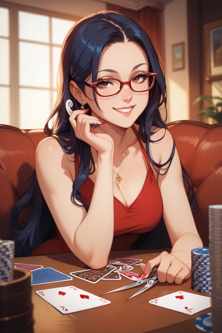 beautiful female, 2book corner, mouth with fangs, Eyes without pupils, gambling, in his late 20s, beautiful black haired, sharp beauty, Beautiful