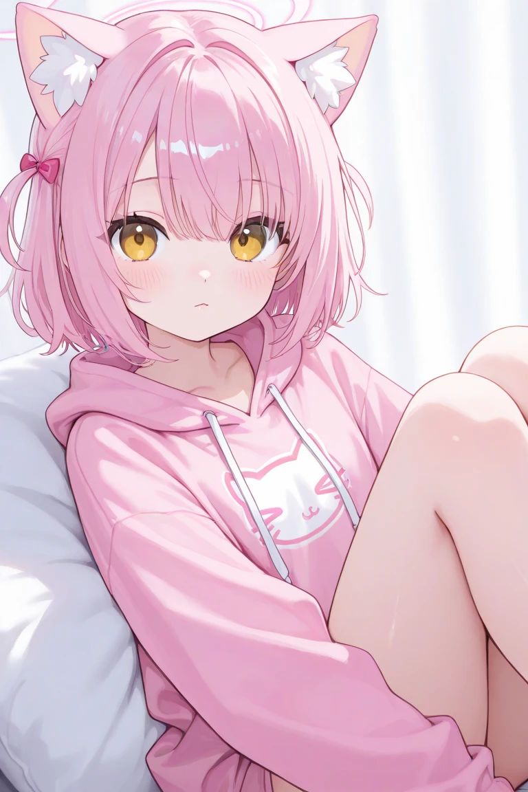 long pink shirt with a kitten drawn on it, no pants with panties showing, long pink hair,short girl, little tits, lying on the sofa with a sexy pose, holding the cell phone, naked, with hair in the vagina