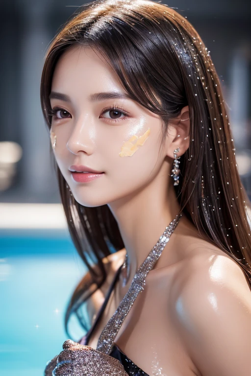 (Highest quality, 32k, High resolution, Masterpiece:1.5, ), mariimo_jet, god々A photograph with brilliant dazzling and healing power., Expressing emotions, Have a rich imagination, Beautiful Japanese Girls, An exceptionally beautiful face, Small Face Beauty, Close-up shot, Getting naked in the pool, (Above water level Above chest level:1.3), ((Looking up at the night sky:1.3)), Perfect Human Anatomy, Magical big eyes, Motherhood and generosity, Deep Love, fleeting smile, ((Hair that shines like the starry sky:1.8)), Super Long Straight Silk Hair, Asymmetrical bangs, Hair between the eyes, Transparent, soft white skin, Sharp eyebrows, Thin lashes, Natural Makeup, Cheek highlighter, Pale pink detailed lips, High resolutionの完璧な鎖骨, High resolutionの美しい胸元, Slim figure with ample breasts, High resolutionの美しい太もも, blue night, The water surface shines colorfully, illumination, Colorful lights, sparkling light effect, Professional Lighting, Professional Photographer