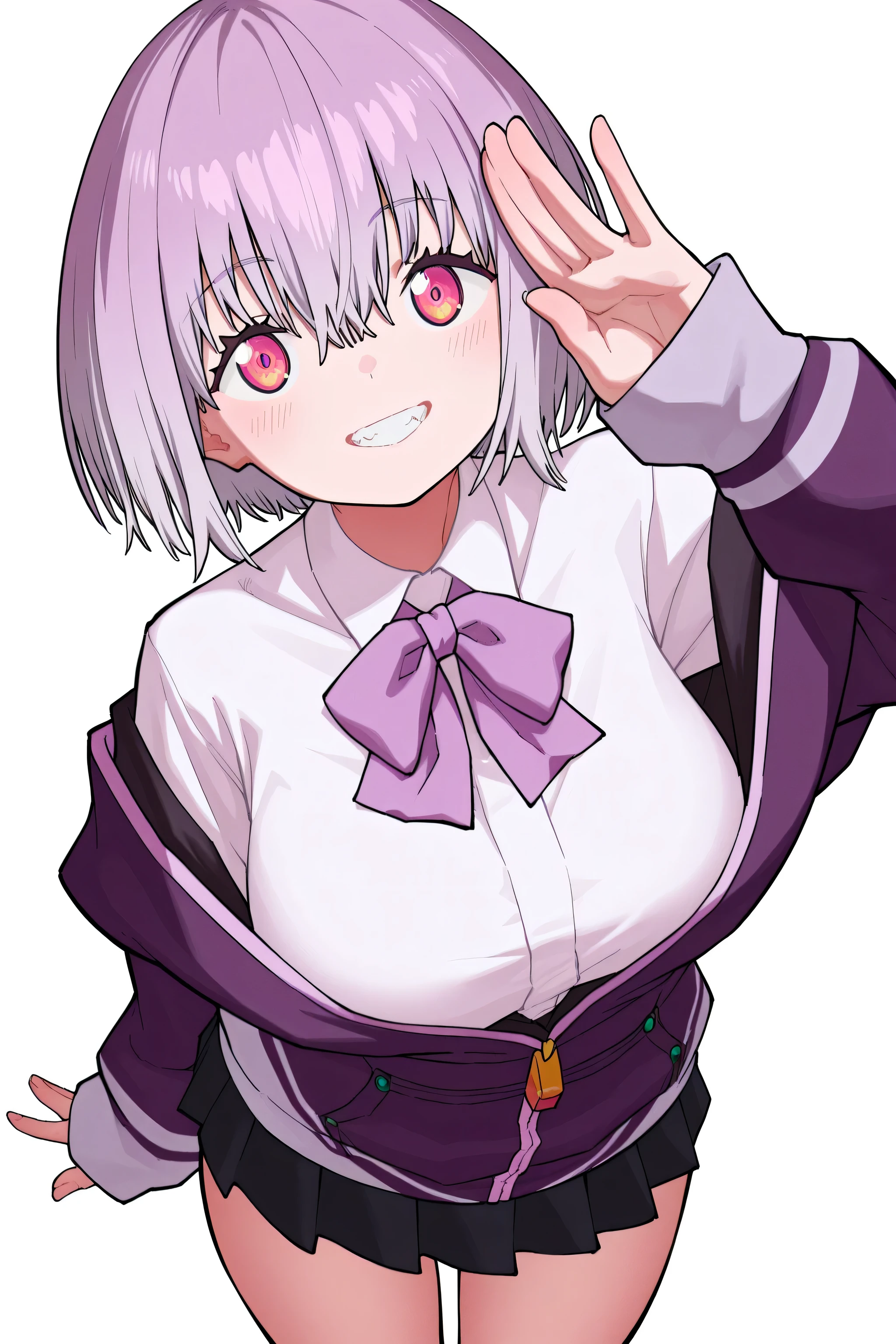 kmj-anonstyle, [artist:yoneyama mai], [artist: ekrea_jan], masterpiece,best quality,amazing quality, 748cmstyle, solo, eye focus, gridman universe, ssss.gridman, shinjou akane, 1girl, grin, hair between eyes, light blush, looking at viewer, purple bow, purple eyes, purple hair, salute, shirt, short hair, simple background, smile, off-shoulder jacket, purple jacket, partially unzipped, white shirt, purple bowtie, miniskirt, black skirt, teeth, vulcan salute, white background, white shirt