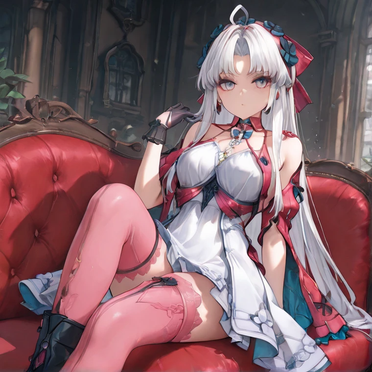tmasterpiece,k hd,good quality, 1girll, Extremely detailed,High-end living room,Sit on the coffee table, Extremely delicate big eyes, Honkai,klara with huge breasts,Lori huge breasts cleavage,(Small breasts, Silvery-white hair。choker necklace,Earrings, Drill hair,White stockings with lace,Small leather shoes,angle of view,Light red blouse,Pay attention to arm details, Finger details, Shy, Smiling, Blushing, Perfect hands, Depth of field