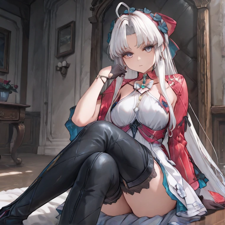 tmasterpiece,1 girl,Alone,White hair, Salahi,bandagens,Salahi,LOP,shoulder, Common,(Kneeling:1.2),The face is red,with her mouth open,Sakura NS, grassy,
