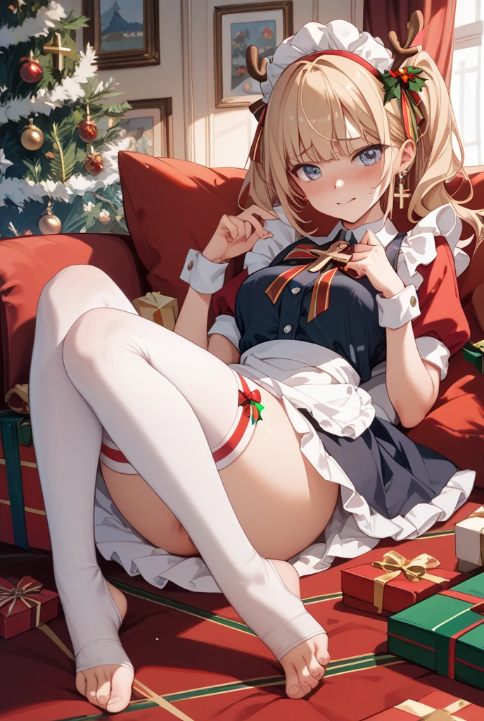 1girl,ass,blonde hair,dress,frills,green eyes,green ribbon,looking back,panties,red dress,red footwear,ribbon,smile,underwear,white panties