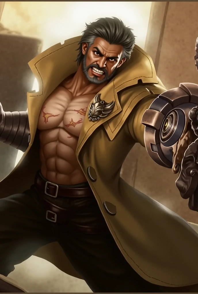 ,wolverine hugh jackmman,with a slightly wrinkled face,brown leather jacket,sitting in an aged and torn green leather armchair,from the front