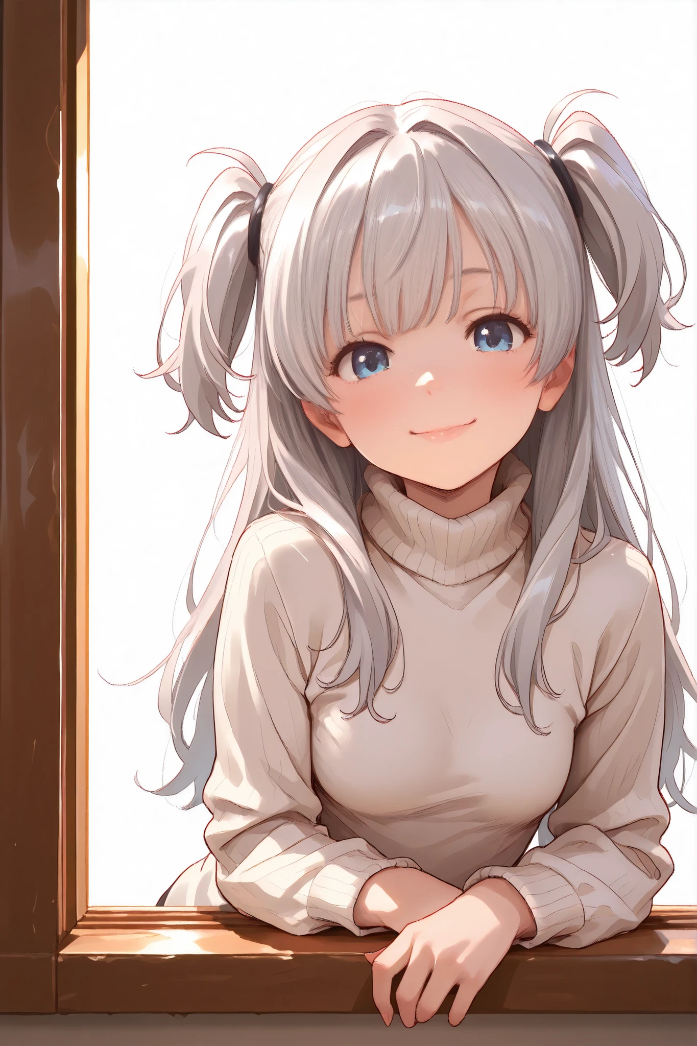 1 girl, full body, (A person leaning on a window frame with one hand:1.5), gazing directly at the viewer, petite body, slender figure, small breasts, small frame, innocent smile, bright blue eyes, fair smooth skin, rosy cheeks, glossy lips, cute face, big expressive eyes, medium-length silver hair, silky smooth hair, soft front bangs, (twin side up hairstyle:1.3), hair tied up on both sides, loose back hair flowing down, silver hair tie, realistic hairstyle, (white turtleneck sweater:1.5), youthful appearance, Kyoto Animation, anime illustration, masterpiece, best quality, ultra high resolution, rich contrast, highly detailed eyes, ultra-detailed illustration, very beautiful and delicate anime face and eyes, realistic texture, RAW photo style, (solid white studio background:1.5), soft lighting, (no background1.3),