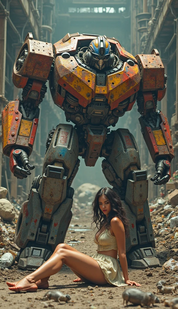 (Masterpiece.Uhd.photorealistic. Analog photography. 1950 style) in a dystopian neo retro futuristic world.a gorgeous woman. Age 23. Wearing 1950 clothes. Epic cleavage (100E size) she’s a modern Valkyrie fighting a 1930 clunky and rusty giant evil war robot.red light in the eyes.