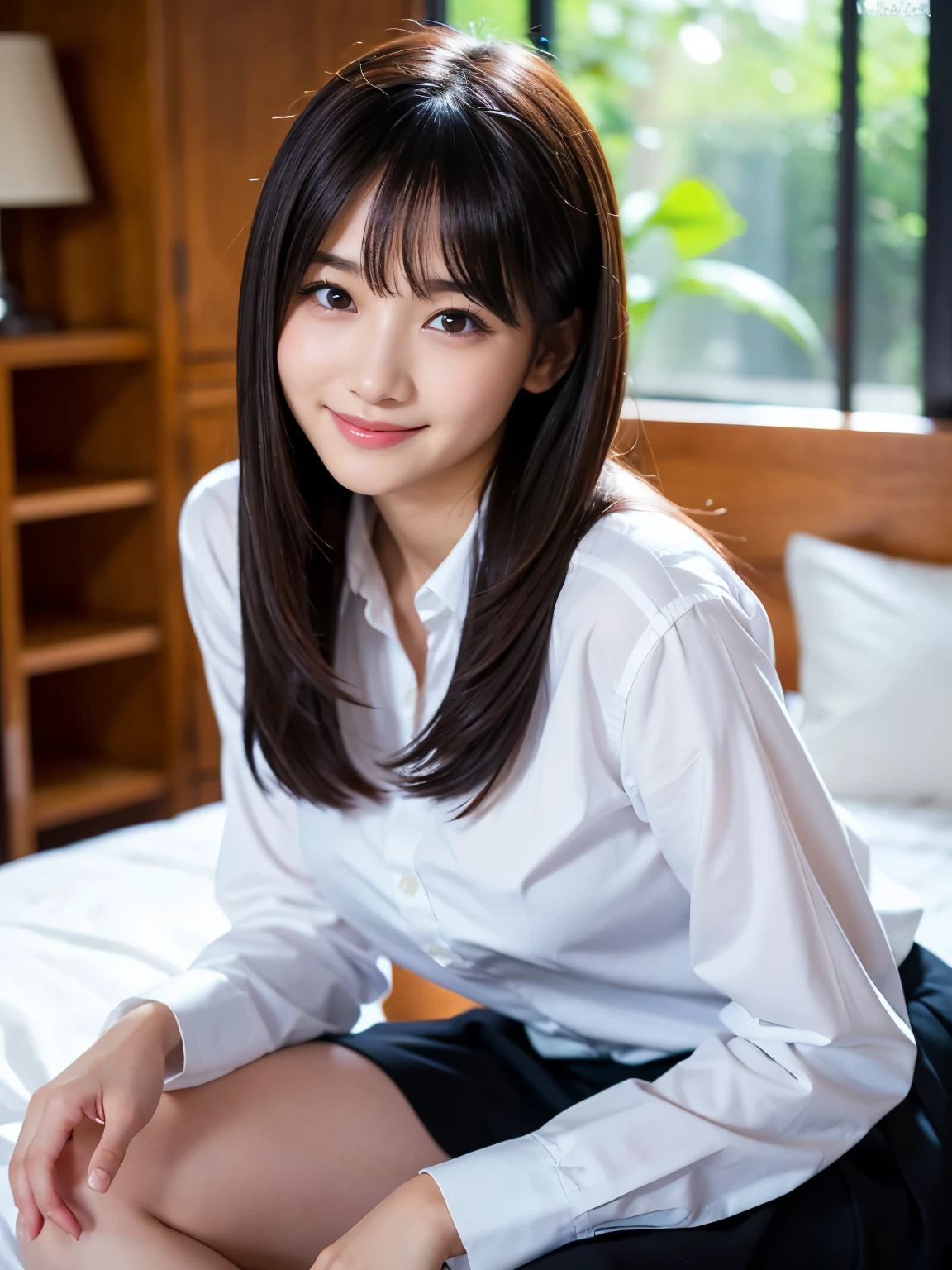 8K raw photos、hight resolution、Japan at the age of 18、beautiful eyes finely detailed、long eyelasher、beautiful double eyelid、eye line、Slender eyes、elongated eye shape、Beautiful and legally thin thighs of Sanpakugan、Random long hair、A smile、Sheer white long-sleeved blouse、Black tight skirt、Cowboy Shot、Sit on the bed、Black stockings、