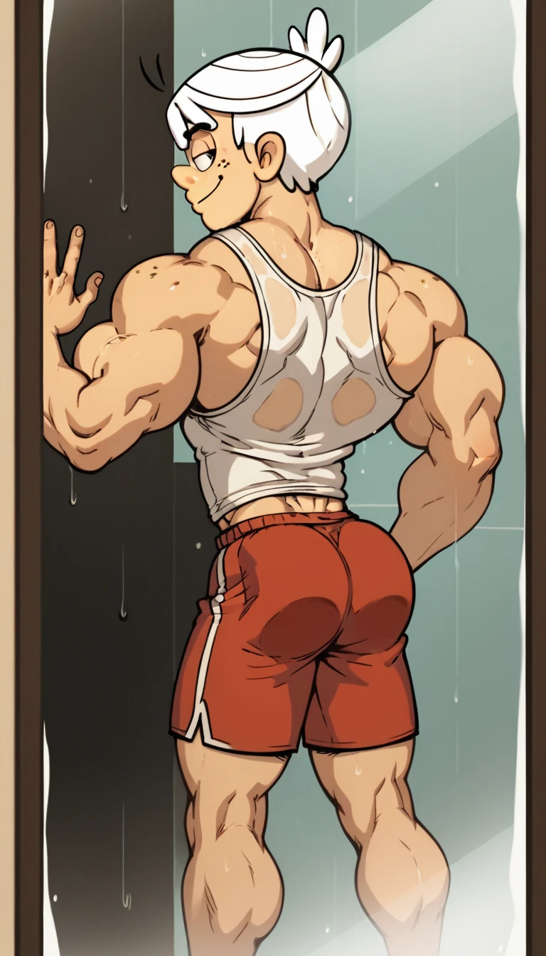 Attractive male, muscular male, blue eyes, white hair, pale skin, side view, pierced ears, lockerroom, blushing, pierced nipples, gay male, large pecs, bubblebutt, huge butt, sweaty body, wearing white jockstrap underwear, jockstrap 