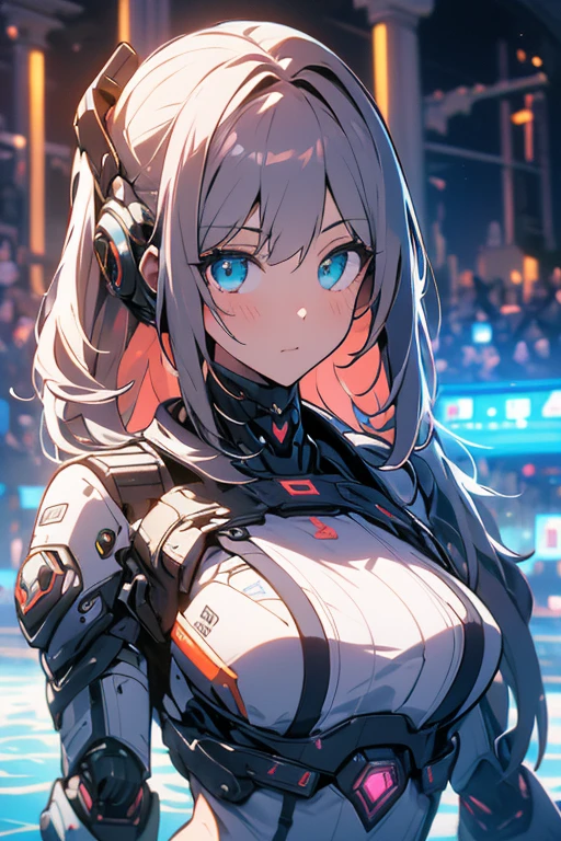 a girl with mechanical body, short white hair with furry ears, white robotic exterior with black mechanism inside, mechanical tail, all white with red eyes and lips, mechanism visible, It is stored in a repair hangar and undergoing repairs、Cables connect from the entire hangar to the body,Many mechanical arms are repairing the body.Lots of sparks,eyes closed, high quality, high definition image, 8k