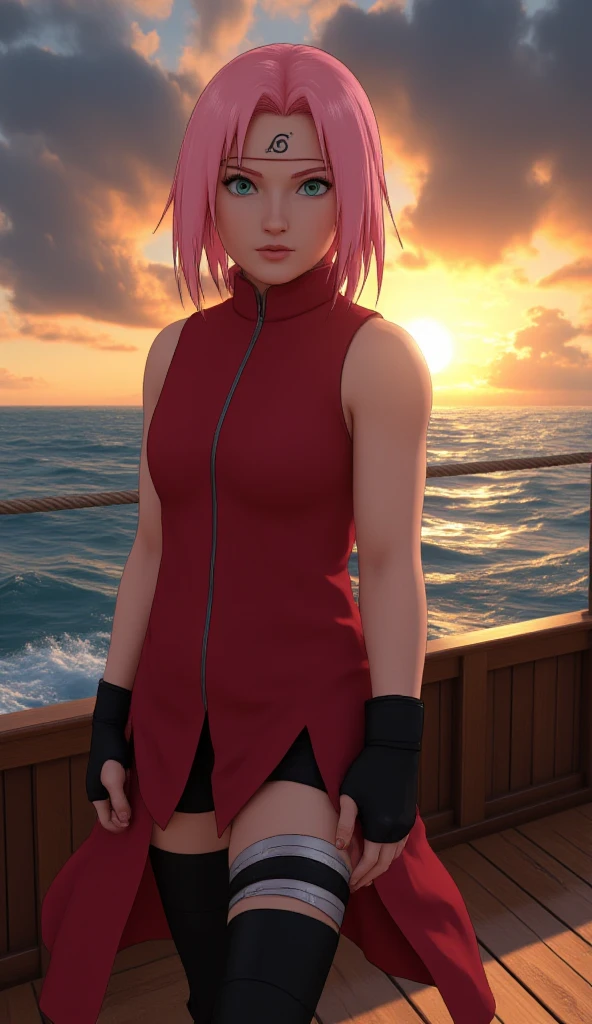 tmasterpiece, Best quality at best, 1 fita, sakura haruno, medium breasts, sorrir,com cabelo rosa, Longas, whitish hair, (Globos oculares verdes:1.4), Forehead Protection, As cerejeiras,Flores de cerejeira voando,Vestido vermelho Coxas fendidas, tight short pants , corpo da roupa, tight pants, from behind, foco na bunda, Saia de Lifting