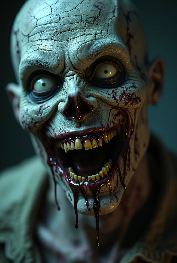 (masterpiece, best quality:1.2), ((RAW photo, Best quality)), (Realistic, photo-realistic:1.2) a evil zombie, blond, hottinig, horror, creepy, night, ((White eyes)). Horror, creepy, night, (((White eyes))), angry. ((( Exposed brain))), ((Pale or greenish skin)), wounds, empty eyes, torn clothes, slow movements, guttural noises, aggressive and cannibalistic behavior. Cinematic lighting.