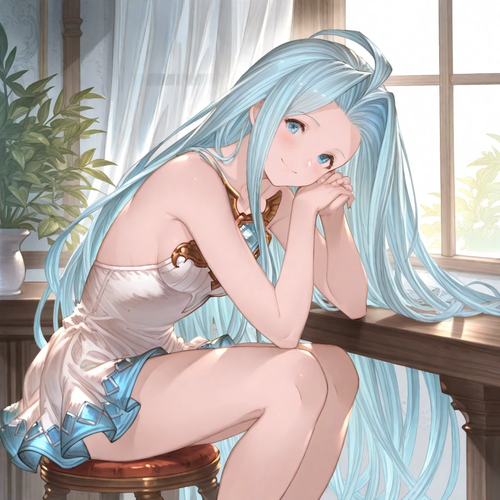 (absurdres, 8k, 4k, masterpiece, hyper extreme detailed:1.2), solo, 1girl, side view portrait, best quality, expressive eyes, perfect face, 1girl, portrait, solo, Female, mature female, adult, silver hair, brown eyes, light smile, birds, small bust, long hair, straight hair, drawing, swept bangs, cowboy shot, half body, silver hair, expressive eyes, perfect eyes, cafe background, glasses, artist, artistic, creative, creativity, passion, passionate, friendly, sitting down, bench, cafe background, blue skies, sun, clouds, window, def_azura, light smile, asymmetrical legwear, gloves, barefoot, anklet, jewelry, dress, fingerless gloves, veil, elbow gloves, pendant, necklace, white dress, white gloves, ribbon, blue ribbon, adult, mature female,