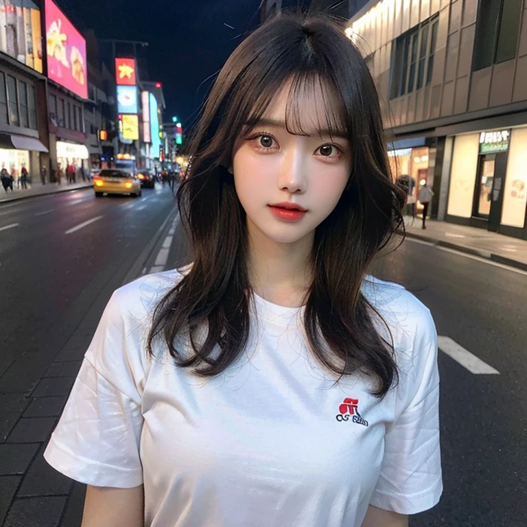 a beautiful korean girl wearing a "subscribe me" t-shirt, standing in front of a restaurant, detailed beautiful face with striking eyes and lips, long silky hair, elegant pose, vivid colors, dramatic lighting, intricate details, photorealistic, cinematic composition, masterpiece