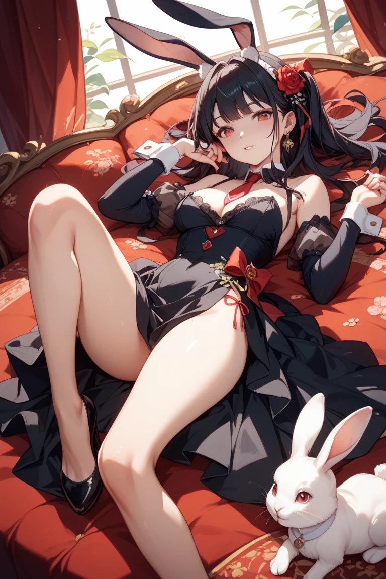(score_9,score_8_up,score_7_up), 1girl, hu tao,,bunny girl,, beautiful eyes, looking at viewer, , kneeling, bunnysuit, fishnet stockings, , (areola:0lim legs