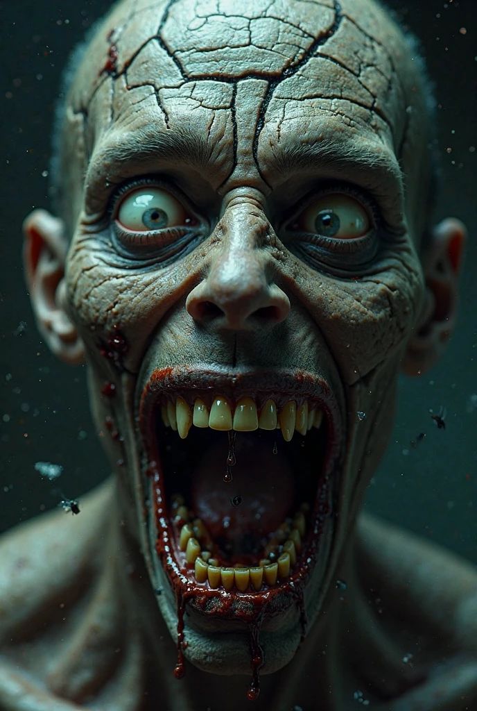 Extreme close-up of a zombie’s face in the dead of night. The background is completely blurred — only the face matters. The skin is rotting and cracked, with veins like black roots crawling just beneath the surface. The mouth is frozen in a grotesque grin, lips torn at the corners, exposing jagged, yellow-black teeth.

From the open mouth, a thick, dark fluid slowly drips down, sliding over the broken teeth and torn gums. The fluid glistens in the dim, flickering light, pooling at the bottom of the chin before dropping with a soft, wet sound.

The zombie’s eyes are wide open, milky and unblinking, staring directly into the camera. The skin around them is sunken and tight, with flies buzzing faintly in the background. The smile never fades — it only twitches slightly, as if the creature is barely holding back something worse.

The shot lingers uncomfortably long. Then, the jaw jerks open wider with a sickening crack, and more of the black liquid pours out, as if it's leaking something it can’t contain.

