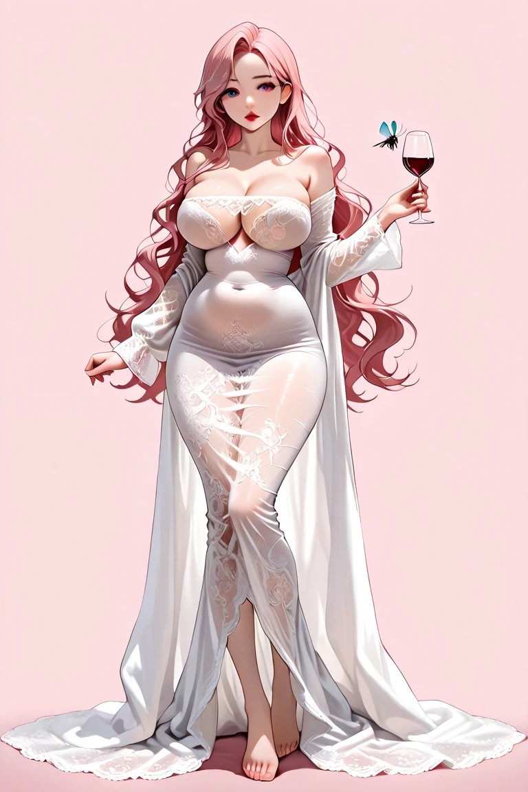 (masterpiece, best quality, high resolution, reyna Maléfica ((huge breasts))1 mature woman, very long and wavy pink hair, pink lips, long-sleeved white dress with cyberpunk style straps, pantyhose, heels, necklace, bracelets, earrings, smile ( white background, stickers. Redmond), ((full body standing)),