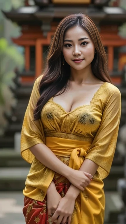 1 Indonesian-Dutch girl, 20 years old, long fashion hair, fit body, small cleavage, skintight white lace kebaya transparan, batik skirt, masterpiece, highly detailed, ultra hd, 8k, detailed face, bright eyes, perfect eyes, detailed skin texture, detailed lips, sexy lips, perfect hands, dynamic angle, cowboy shot, NSFW nudity, (puffed breast, ample cleavage)