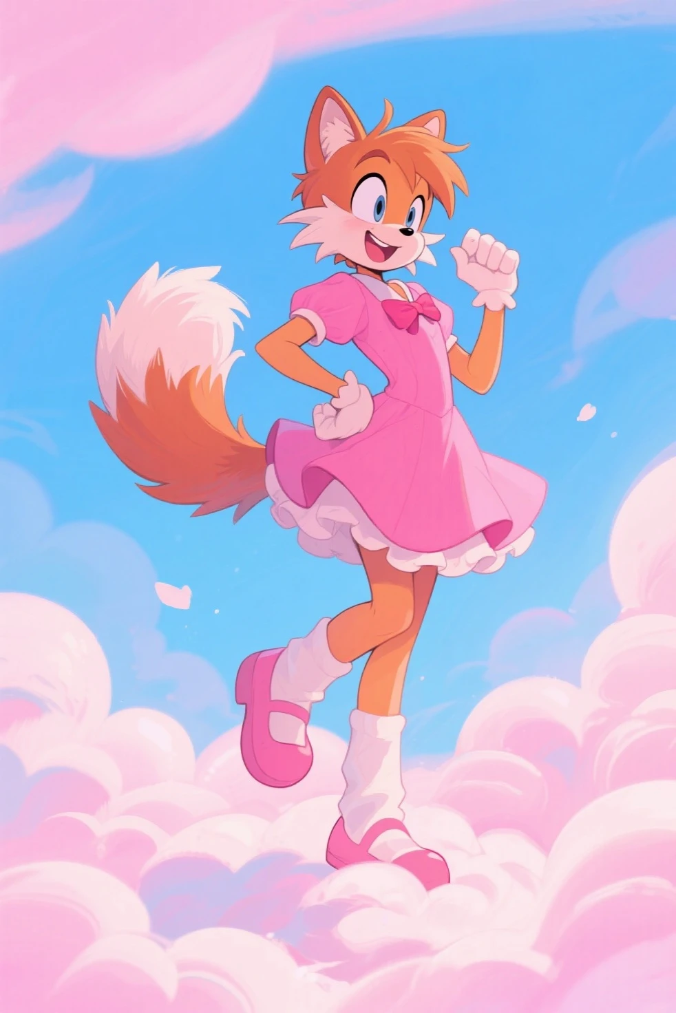score_9,score_8_up,score_7_up, source_cartoon, source_furry, Kat, a cute Anthro furry feline girl, tall body, hourglass figure, adult female, blue eyes, :3, silver fur, long blonde hair, rainbow highlights in hair, white whiskers, pink nose, wearing rainbow bandeau, white short shorts, dancing, looking amazed, eyes sparkling, at a colorful parade, outdoors, looking up, laughing, in a bright vibrant city