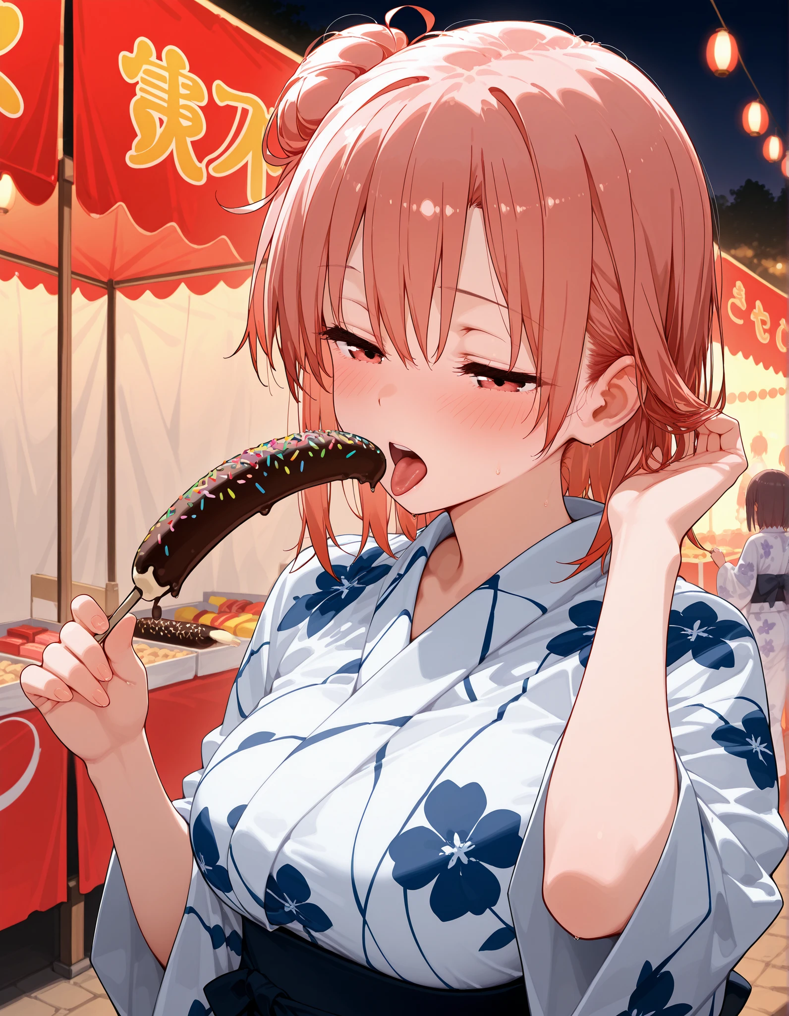 score_9, score_8_up, score_7_up,masterpiece, Highest Quality, great quality,,
Yuigahama Yui , short hair, SINGLE HAIR BANG, solo,
floral yukata, countryside、Summer festival background、
night light 、 night,
a chocolate banana, open mouth, holding food,
half-closed eyes、from below、blush、Estrus、sexy、tongue、Portrait、viewers、
Japanese Clothes , object , band , wide sleeve ,
putting hands on one's own hair , hair behind the ear , hands up , sexually suggestive , Market stall ,