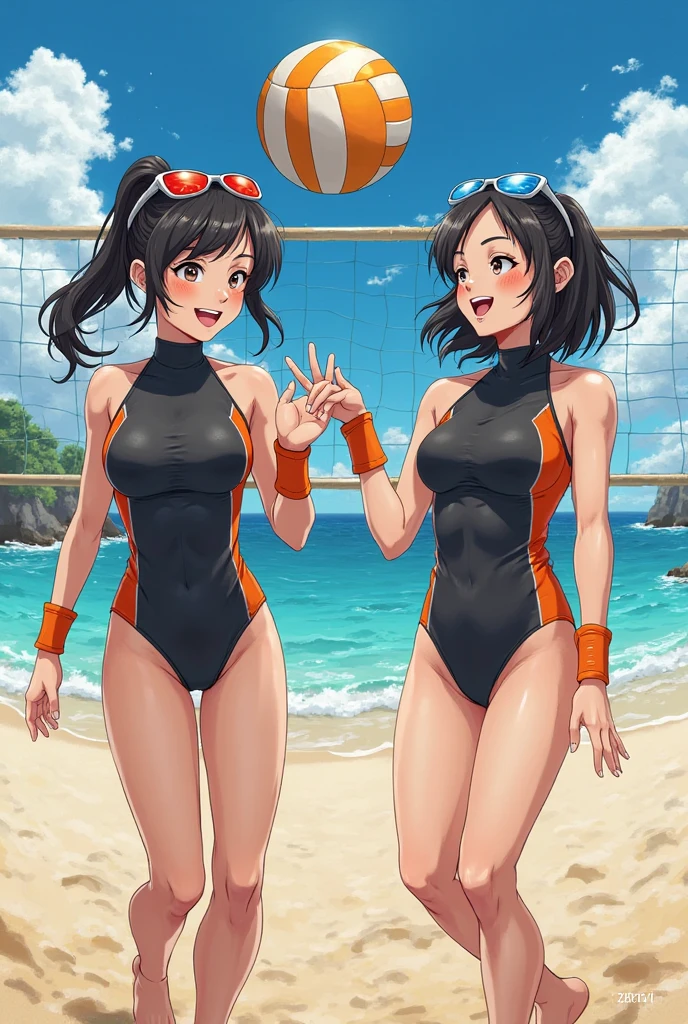 mic_Kizi,_change_, 1Kizi, standing alone, brazilianmiku, dark skinned female, tannins, twintails, hair flower, water eyes, oculos de sol, glasses on head, swimsuit wear, sexly swimsuit wear, beads, hoop earings, bracelet, cute, sexly, dynamic angle