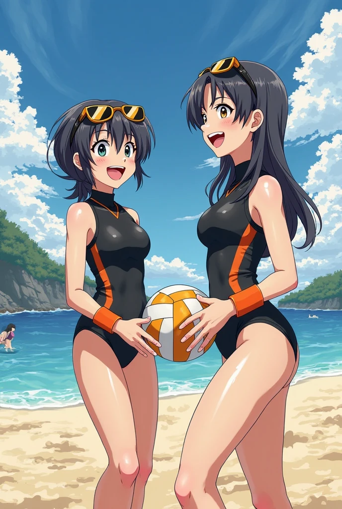 score_9, score_8_up, score_7_up, score_6_up, BREAK source anime, (A group of girls playing volleyball on the beach:1.2), volleyball net and mesh, 4girls, girls in bikini, (very beautiful and detailed face), anime screencap, the background is a daytime beach