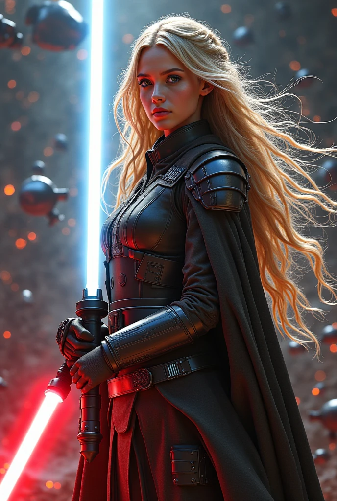 (1girl large breasts), bust upper body shot, Darth Zannah , black robes, star wars, standing, cleavage, cinematic lighting, epic, inspiring, hdr, highly detailed, cinematic composition, sthoutfit