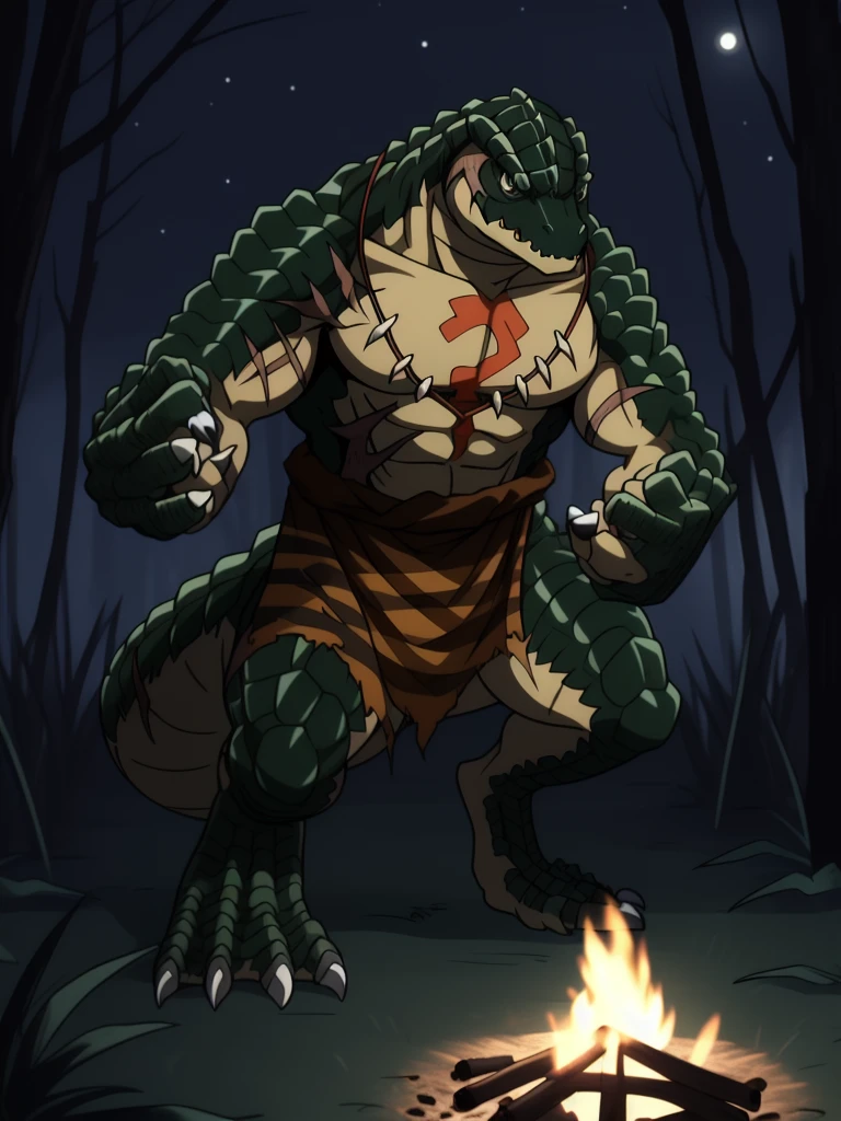 zenberu gugu, solo, scalie, anthro, scales, reptile, male, claws, simple background, clothing, overlord (series), green scales, campfire, (night), swamp, hi res, clothed, muscular, scar, muscular male, topless male, chest markings, detailed background, outside, fist, <lora:zenberu_gugu:1>