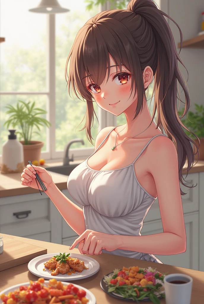 1girl,20y.o,just wear an apron,brown hair,mullet haircut,long hair,brown eyes,Kitchen background,naked,smile expression