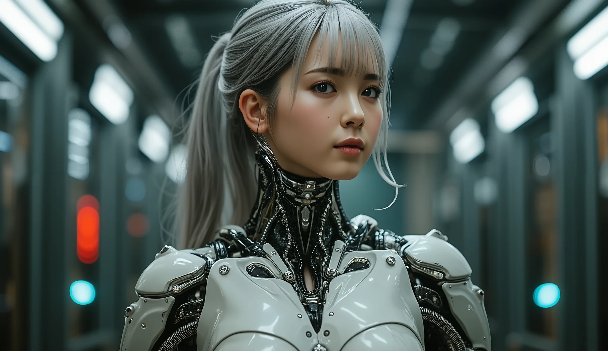 Android Girl, Highest Quality, masterpiece, Ultra High Definition, photorealistic, RAW photos , one cyberpunk girl , Glossy Skin, 1 Mechanical Girl, super realistic details, ( Mechanical Hands , tube connected to mechanical parts, mechanical vertebrae attached to the neck , mechanical neck attachment, wire and cable connecting to head), Evangelion, Combat Team, small glowing LED lamp , global lighting, Deep Shadow, octane rendering, 8k, ultra sharp, metal, Intricate Ornament Details , Baroque Details , High intricate detail, Realistic Light, CG Trend, Point at the camera, Neon Details, ( Android Factory on Background ), art:H.R. 40K armor connected to Giger and Alphonse Mucha ., Soft large , Read the specific characteristics of Caucasian girls' skin, Very realistic human, perfect round iris , Sparkling Eyes, Learn more about amazing pupils iRIS , long silver hair, high ponytail, face, A very human touch, (((around the navel is completely exposed, I can see raw skin , the woman's genitals are fully exposed, Emphasise the female genitalia))), full body, 8 heads, 丸いface, ((Rocket-shaped G-cup breasts, Chest, erect nipples, Real areola, naked ass)), looking at the camera,