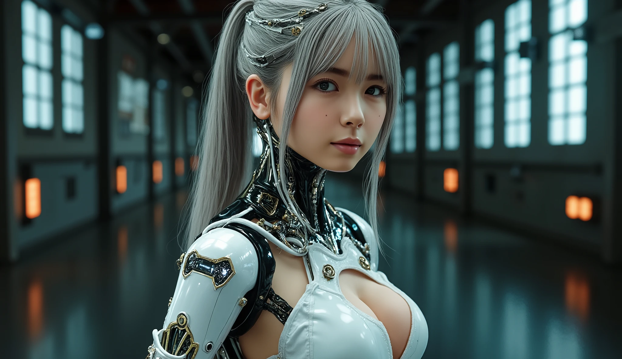 Android Girl, Highest Quality, masterpiece, Ultra High Definition, photorealistic, RAW photos , one cyberpunk girl , Glossy Skin, 1 Mechanical Girl, super realistic details, ( Mechanical Hands , tube connected to mechanical parts, mechanical vertebrae attached to the neck , mechanical neck attachment, wire and cable connecting to head), Evangelion, Combat Team, small glowing LED lamp , global lighting, Deep Shadow, octane rendering, 8k, ultra sharp, metal, Intricate Ornament Details , Baroque Details , High intricate detail, Realistic Light, CG Trend, Point at the camera, Neon Details, ( Android Factory on Background ), art:H.R. 40K armor connected to Giger and Alphonse Mucha ., Soft large , Read the specific characteristics of Caucasian girls' skin, Very realistic human, perfect round iris , Sparkling Eyes, Learn more about amazing pupils iRIS , long silver hair, high ponytail, face, A very human touch, (((around the navel is completely exposed, I can see raw skin , the woman's genitals are fully exposed, Emphasise the female genitalia))), full body, 8 heads, 丸いface, ((Rocket-shaped G-cup breasts, Chest, erect nipples, Real areola, naked ass)), looking at the camera,