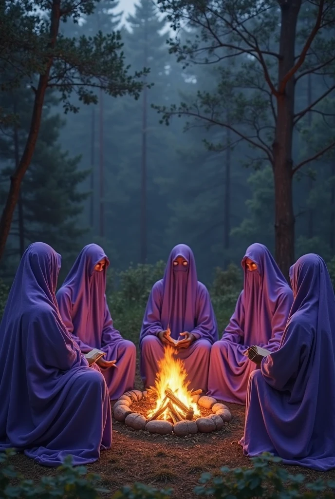13 Women With Exquisite Violet Priestess Capes, around a bonfire with violet fire, in the garden of the house, convey depth, many plants, lavender, tall crystals