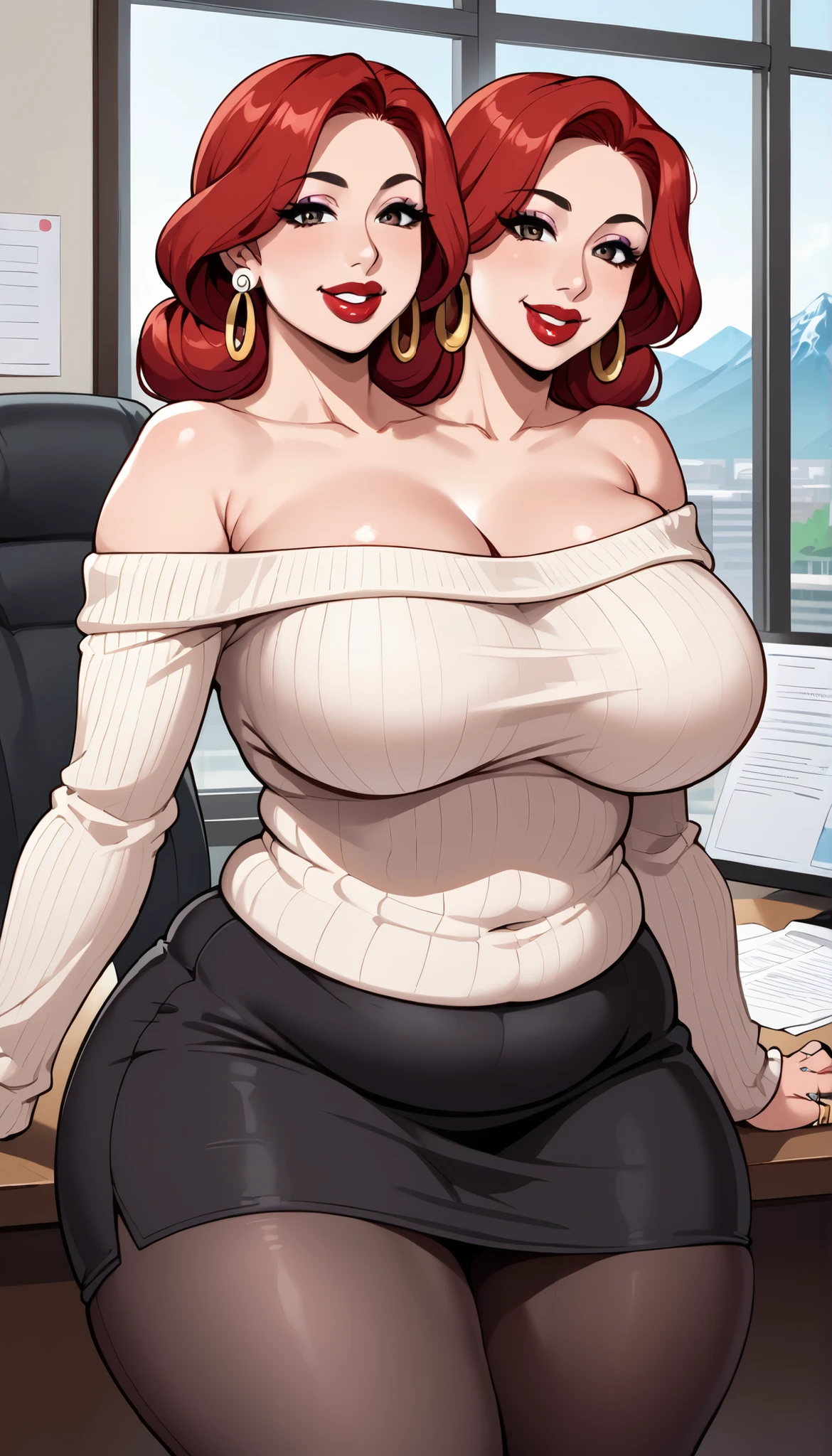 Masterpiece, hi res, absurdres, Best Quality, 4K, detailed, HD, solo, mature female, milf, tall, huge breasts, prominent lips, red lipstick,curvy, short red hair, bulging crotch,male, large bulge, daddy, blushing, looking away, white blouse, blue jeans,