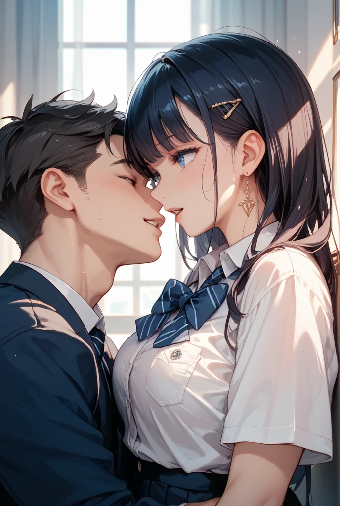 1 boy, 1 girl , kiss, (masterpiece:1.2, best quality), (ultra-detailed), AND , 1 boy, 1 girl , kiss, (masterpiece:1.2, best quality), (ultra-detailed), Houjou_Takagi is an amazing girl, 21 yo, small breasts, cleavage, bashful, blue slant eyes, braid, hair clips, maid, braid, maid headdress, brown hair, apron, long sleeves, bow, bowtie, , deep breathing, dark blue skirt, AND, 1 boy, 1 girl , kiss, (masterpiece:1.2, best quality), (ultra-detailed),, 1 boy , messy hair, black hair, closing eyes, blazer