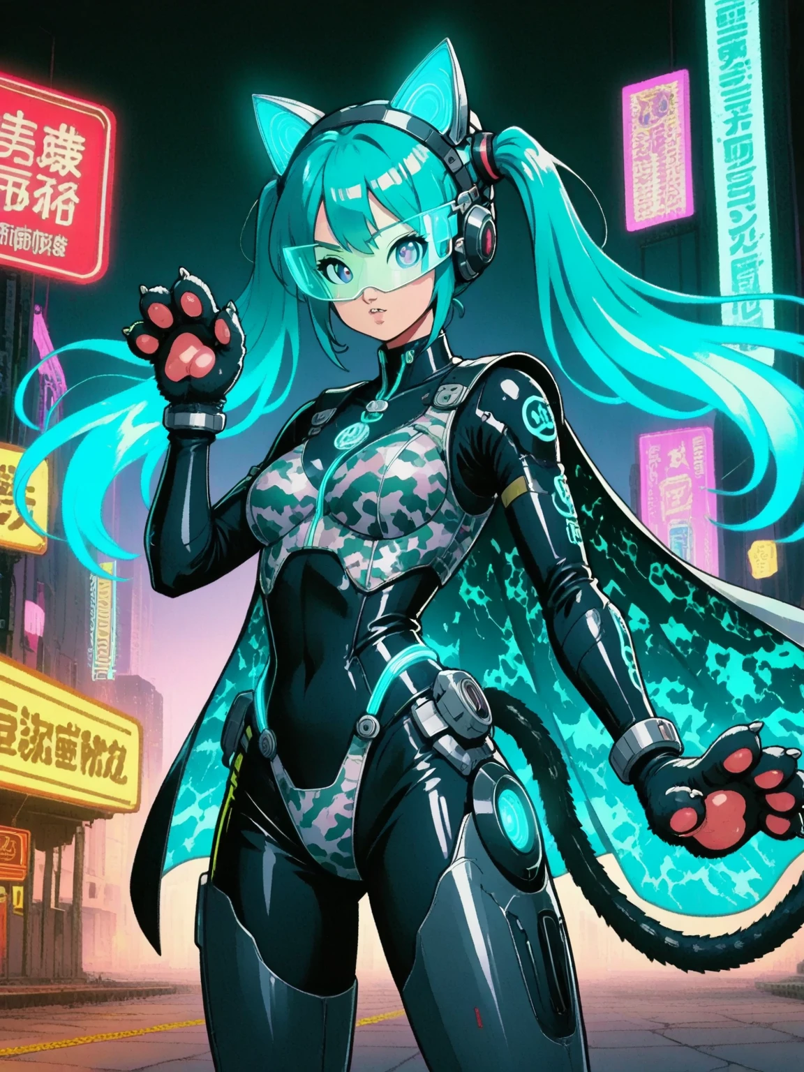 (masterpIece),(best qualIty),extreamly delIcate and beautIful,IllustratIon,((perfect female fIgure)),Mature Woman,1 rIder gIrl,I:p Masquerena, bodysuIt,black very long haIr,twIntaIls, Purple eyes, cyberpunk  cIty background,Cat ear helmet,
