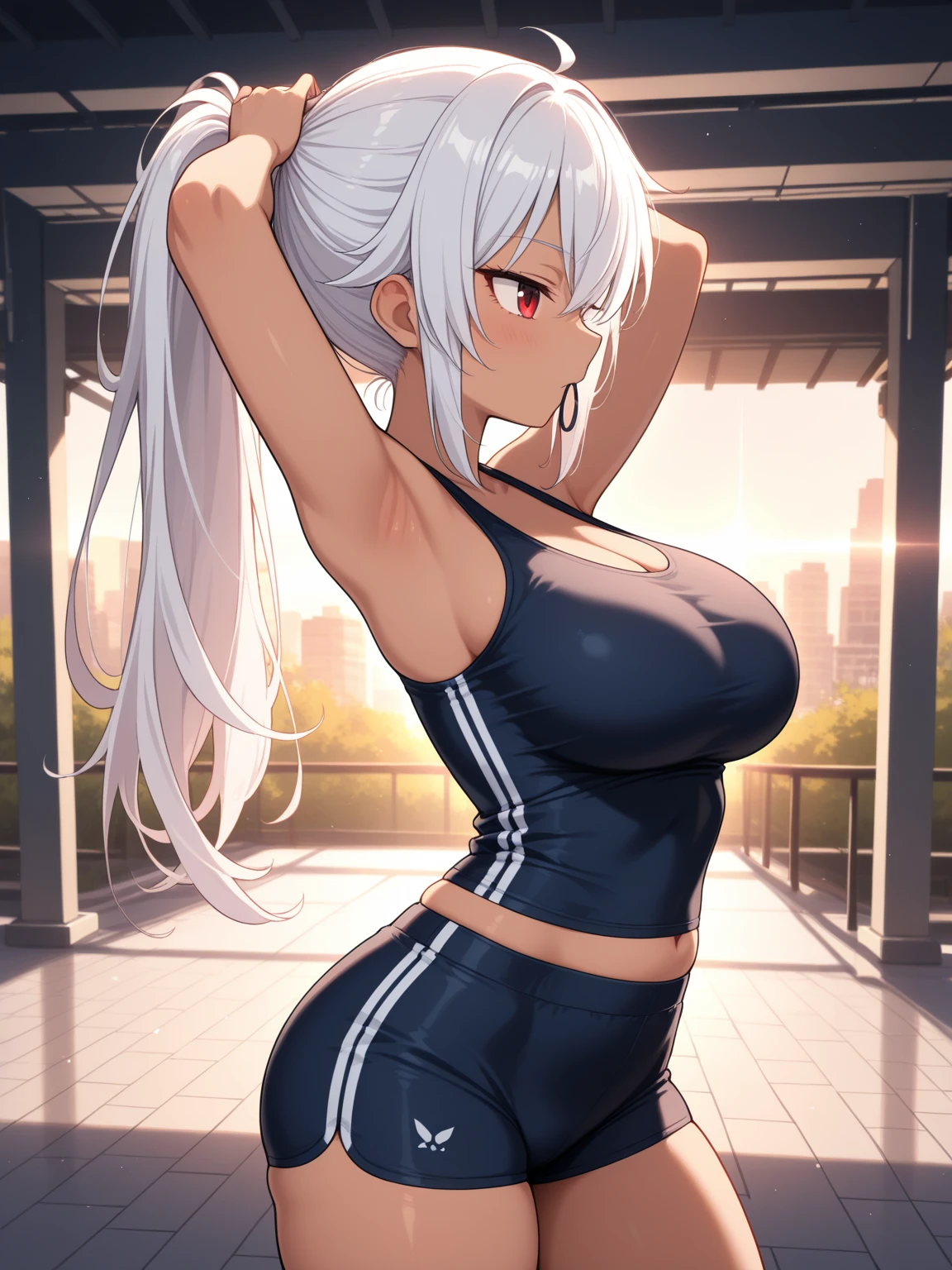 kitsune, sweat, huge breasts, thick thighs, gym clothes, midriff, breast expansion, before and after, small breasts, huge breasts, sequence